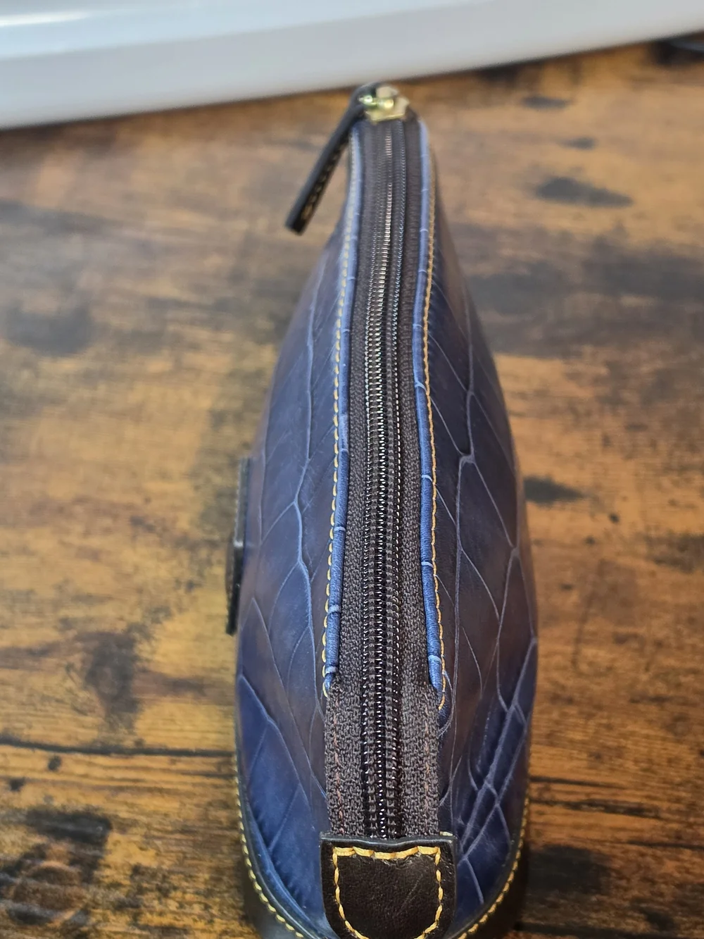 Dooney & Bourke Navy Croc-Embossed Cosmetic Pouch with Brown Trim